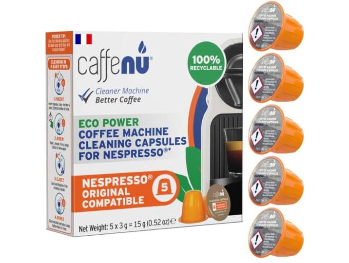 Caffenu Nespresso Compatible Capsule Nettoyant Machine a Cafe x 5 (5 utilisations) Compatible avec Nespresso Original Line - Élimine Huiles\, Résidus et Odeurs - Améliore le Goût du Café