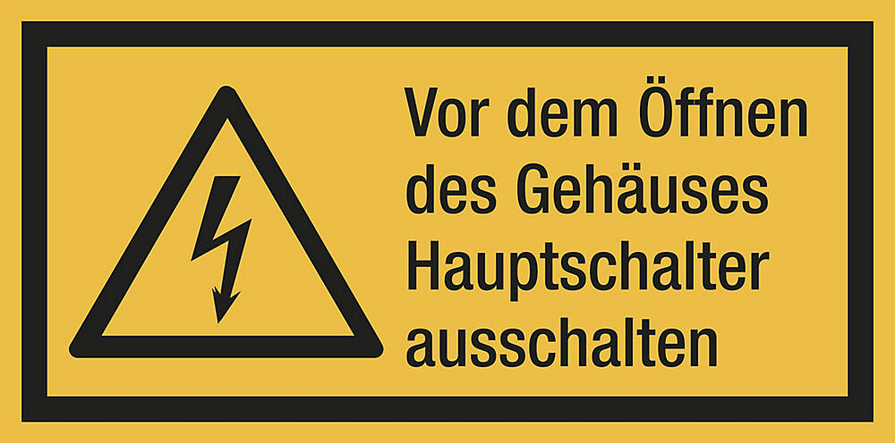 kaiserkraft Kombischilder mit Text für Warnkennzeichen, Vor dem Öffnen des Gehäuses, Hauptschalter ausschalten, VE 10 Stk, Folie, LxH 131 x 65 mm