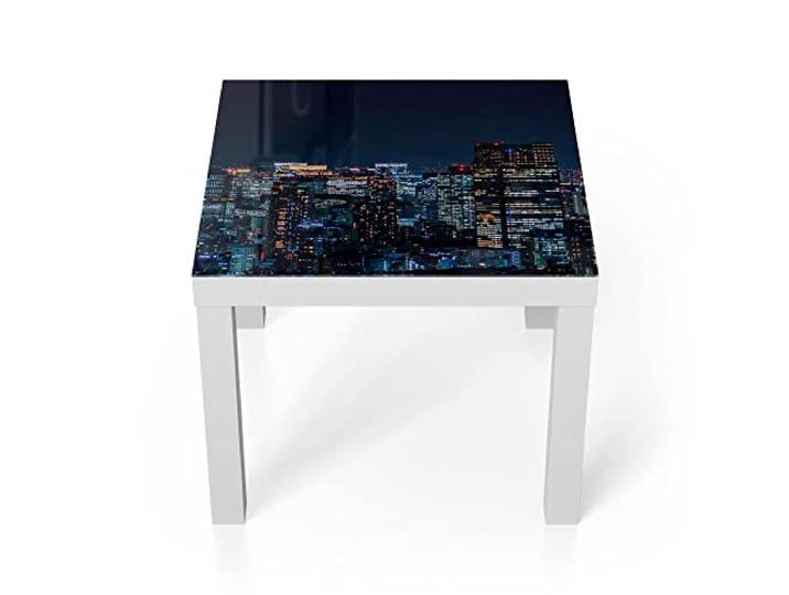 DEQORI Glastisch weiß klein 55x55 cm Motiv Tokio bei Nacht ausgefallener Beistelltisch aus Glas Hochglanz Couchtisch fürs Wohnzimmer moderner Couch Tisch mit Design