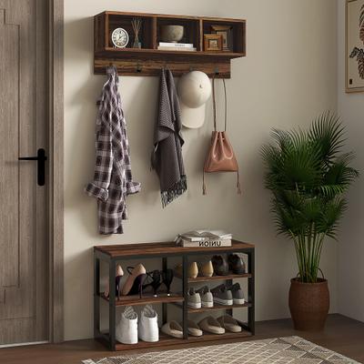 HOMCOM 2-in-1 Coat Rack Shoe Bench Set, 5-Hook Hall Tree with Bench and Shoe Storage