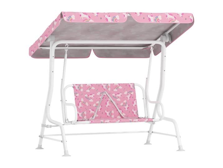 Balançoire de jardin Aiyaplay pour enfants, 2 places, auvent réglable, ceintures de sécurité, design licorne arc-en-ciel rose