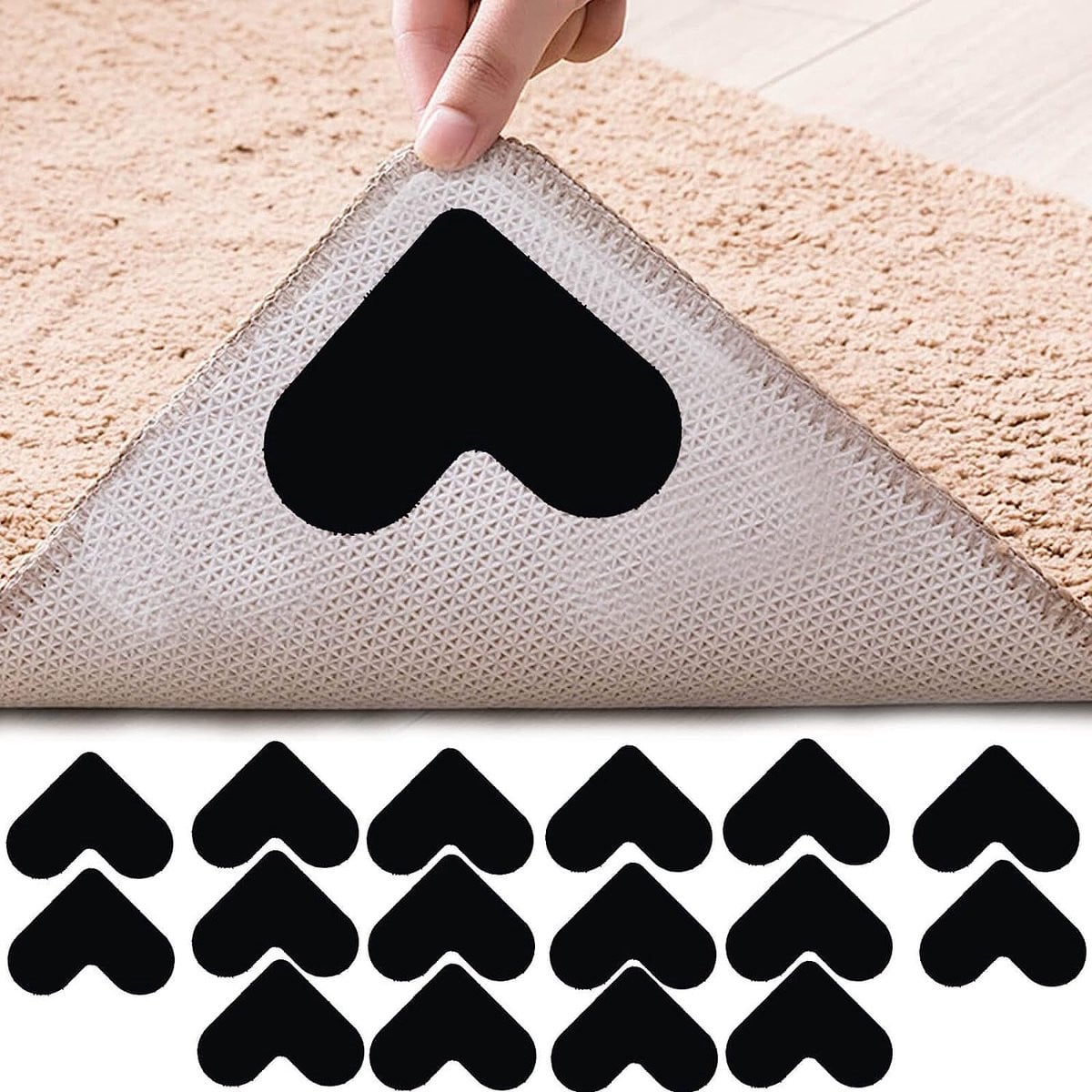 16 stuks Anti-slip hartvormige tapijtstickers, herbruikbaar, zwart, 9,7 x 8 cm