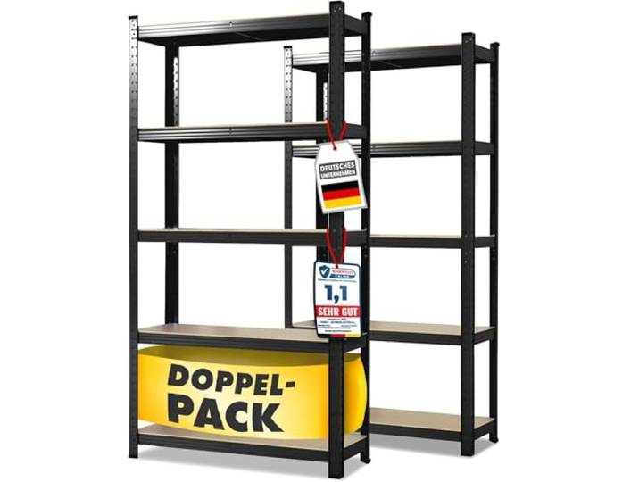 OfficeMarshal Doppelpack Schwerlastregale schwarz, 200 x 120 x 60 cm Steckregal, Lagerregal, Standregal, Stecksystem ohne Werkzeug montierbar (Lakota)