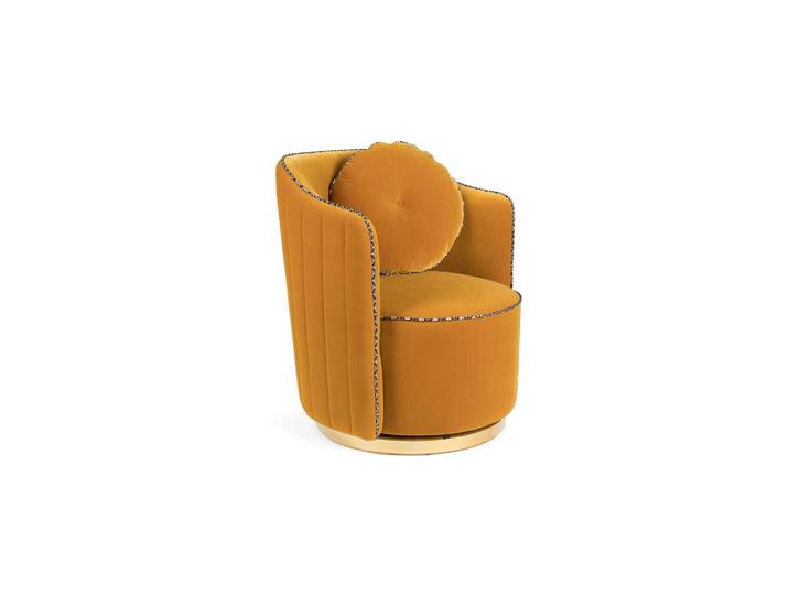 Fauteuil en velours ocre, base tournante, coussin amovible, uni,