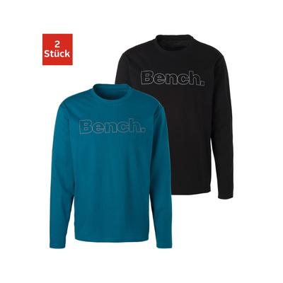 Langarmshirt BENCH. LOUNGEWEAR, Herren, Gr. XL, grün (petrol, schwarz), Single Jersey, Obermaterial: 100% Baumwolle, unifarben, Basic, bequem normal, Rundhals, Shirts Langarmshirt, mit Bench. Print vorn
