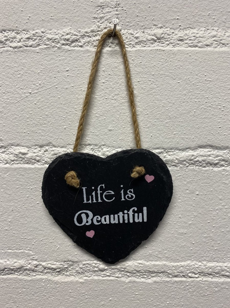Life is beautiful Deco leisteen hart met ophangkoordje - 10 x 10 cm