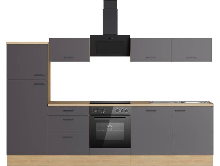 Küchenzeile KOCHSTATION KS-Sion , küche: grau, korpus: eichefarben, arbeitsplatte: eichefarben hell, B:300cm H:186cm T:60cm, Komplettküchen-Sets, Küchenzeile, Breite 300 cm, schnelle Montage mit OPTIsnap, wahlweise mit E-Geräten