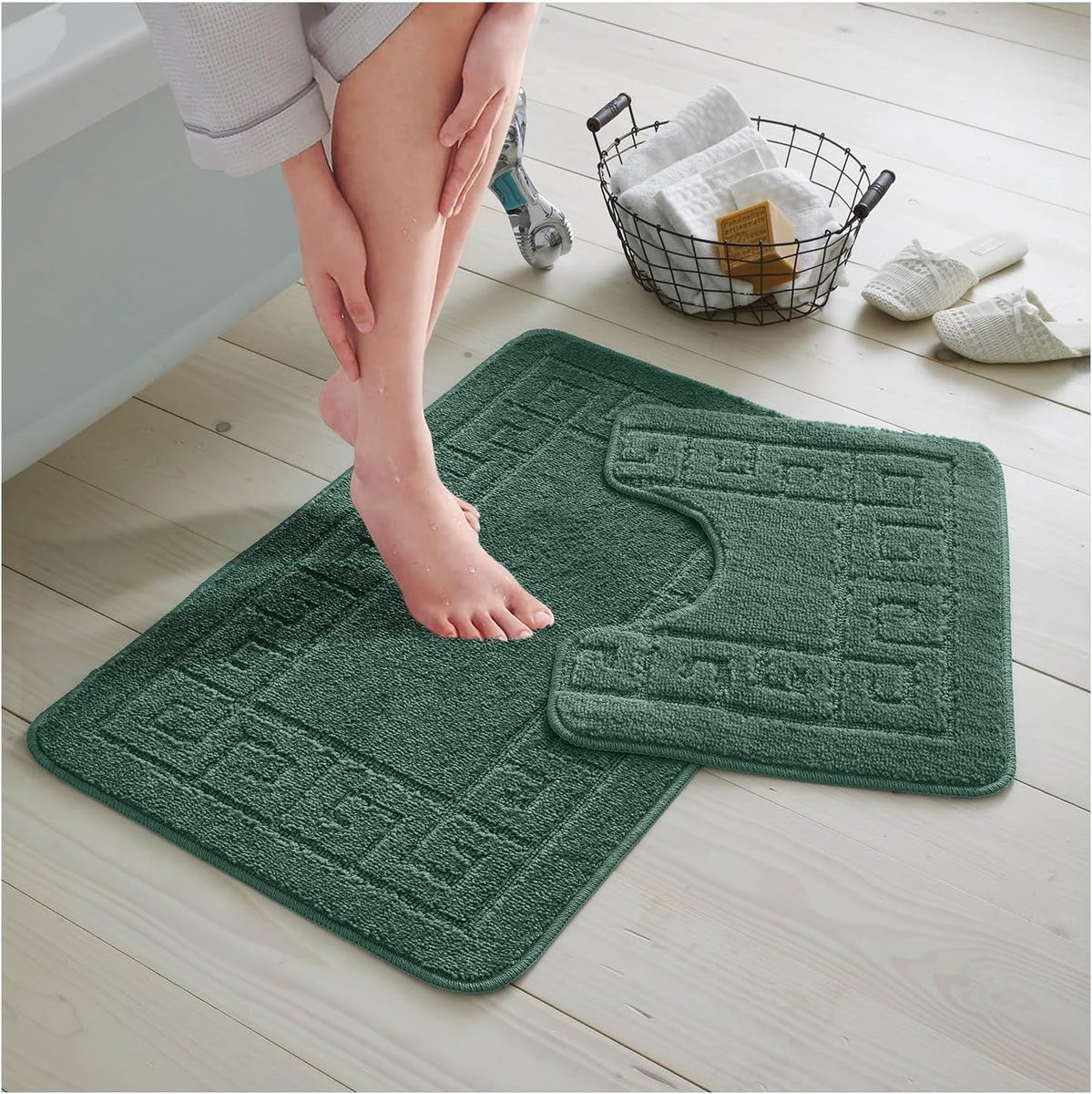 2-delige Badmatset Donkergroen - Antislip Badmat en Toiletmat met Voetstuk
