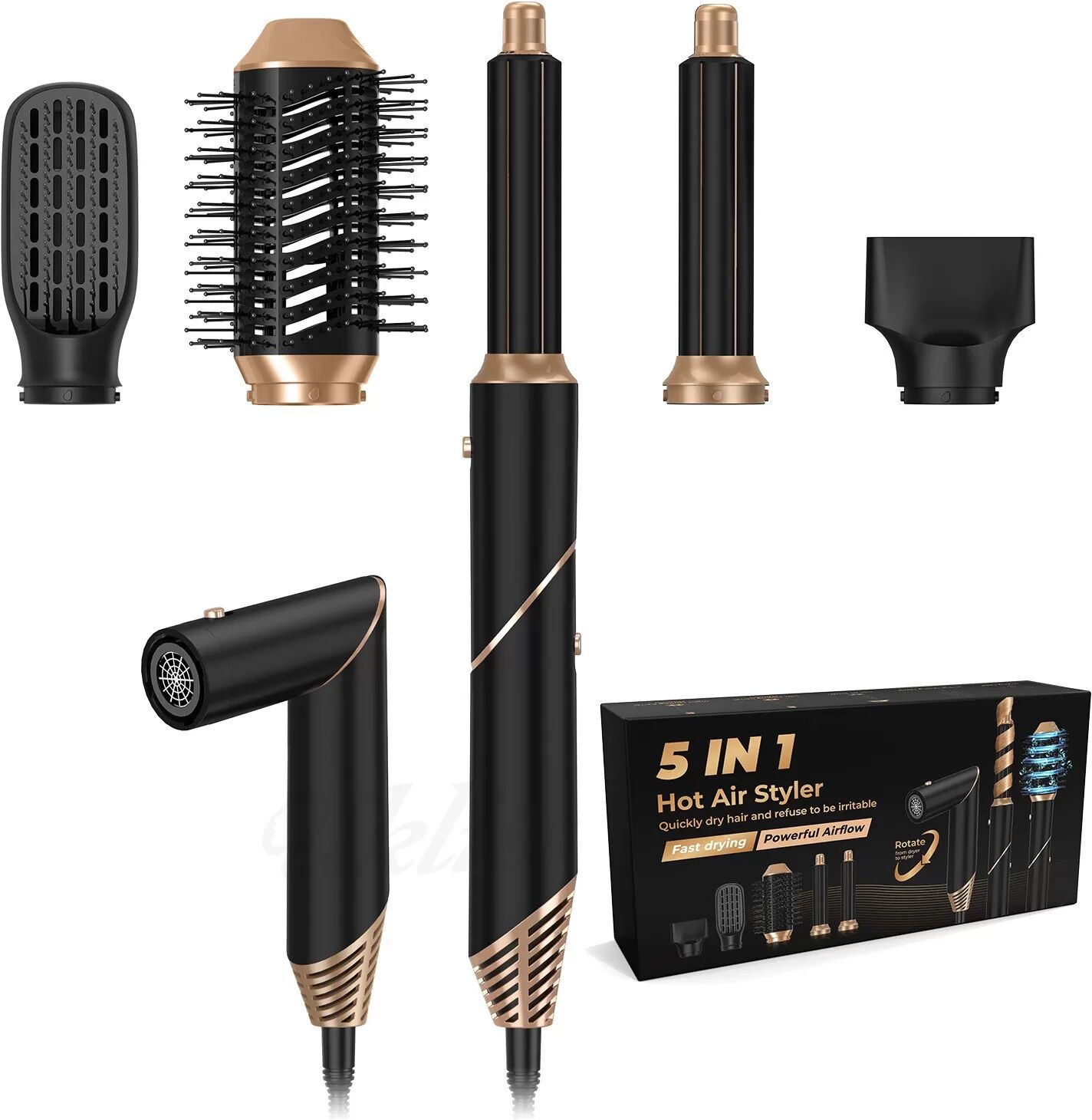 INF 5-in-1 Schwarz & Gold Heißluftbürste: Faltbarer Haarstyler, Automatischer Lockenstab und Haarglätterbürste - EU Stecker 220V