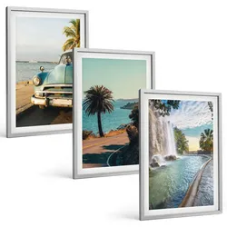 BILDER SET 3er Set - 40x60 cm Silberner Rahmen - Urlaub Palmen Wasserfall