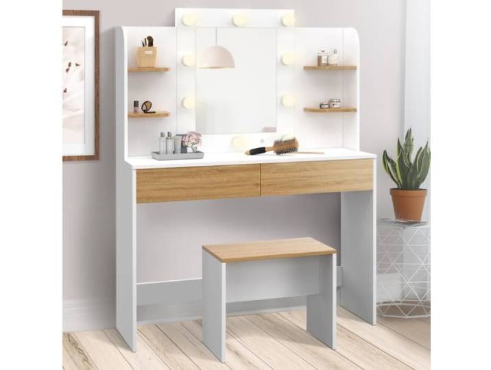 IDMARKET Coiffeuse ZELIA blanc et hêtre table de maquillage 4 étagères miroir LED et tabouret