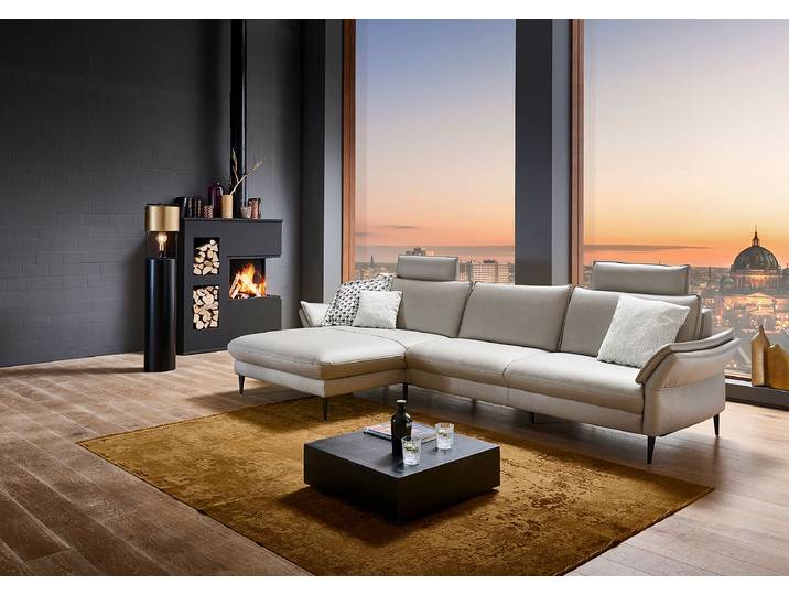 Ecksofa Bern mit opt. Relaxfunktion Grau Echtleder Viera 334 x 86 x 172cm Longchair davorstehend links Sitztiefenverstellung/Kopfstütze