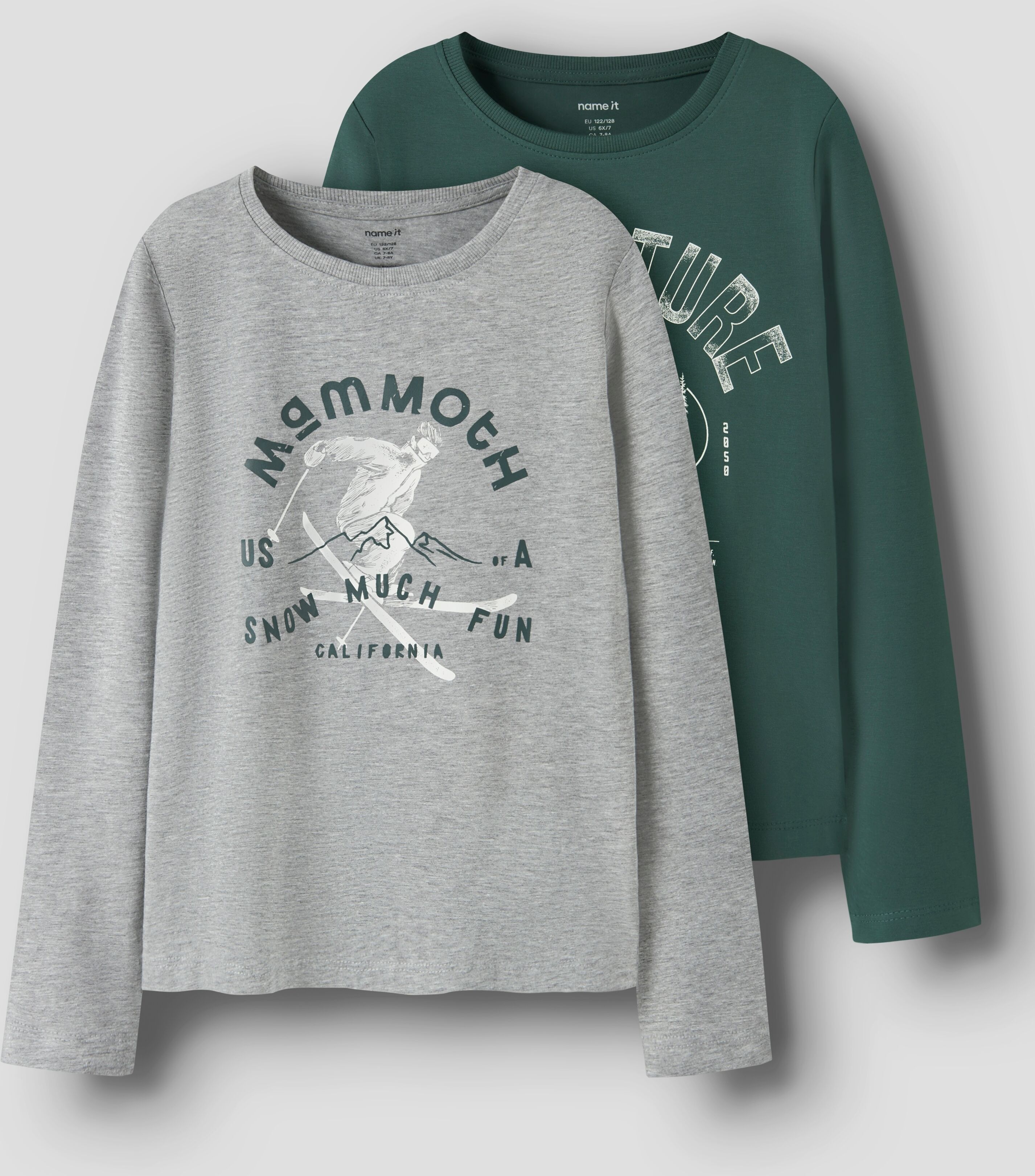 Langarmshirt NAME IT "NKMVUX 2P LS TOP", Jungen, Gr. 122/128, grau (grau melange pack:bistro grün adventure), Jersey, Obermaterial: 95% Baumwolle, 5% Elasthan, bedruckt, regular fit normal, Rundhals, Shirts Langarmshirt, Baumwollmischung, regular fit grau