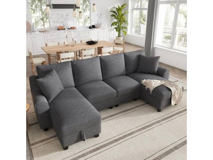 Modernes Chenille U-Form Sofa, 2-Sitzer mit zwei Chaiselongues als Ecksofa, mit zwei Kissen, Chaiselongues mit aufklappbarem Stauraum, multifunktionales modulares Sofa, Grau, Maße: 280 × 137 × 84 cm