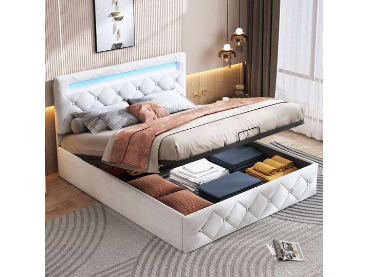 Lit coffre 160x200 cm - ADWOLT - lit double 160x200 cm - Velours - Éclairage LED - Sommier à lattes
