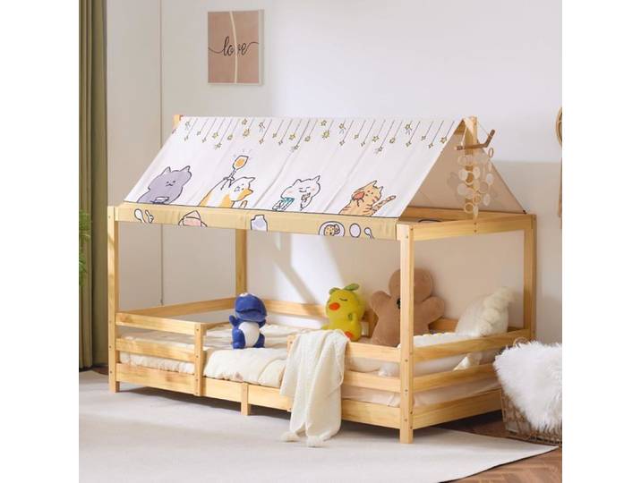 Lit enfant - LALAHO - Cabane 90x200 - Bois massif - Sommier à lattes inclus - Toit en tissu amovible