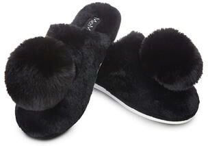 Women's The Gloria Plush Pom-Pom Slippers by MeMoi in Black (Size M)