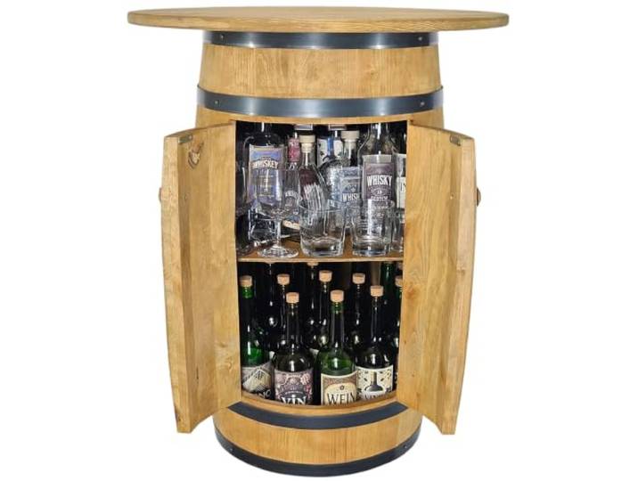 kadamahu Minibar im Fass, 2 Türen, Klappplatte 62 cm, Hellbraun, Hausbar Zwei Ebenen für bis zu 40 Weinflaschen à 0,75 l; vier Zierscharniere, zwei Holzgriffe und Magnet, nach Montage 83 cm hoch