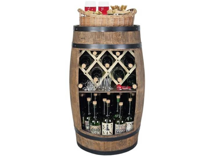 kadamahu Fassmöbel, Faltgestell, Servierkorb, 80 cm Zwei Stauraumebenen für bis zu 40 Flaschen 0,75 l; Fasskörper vormontiert, Platz für Weingläser sowie Korn und Weinbrand