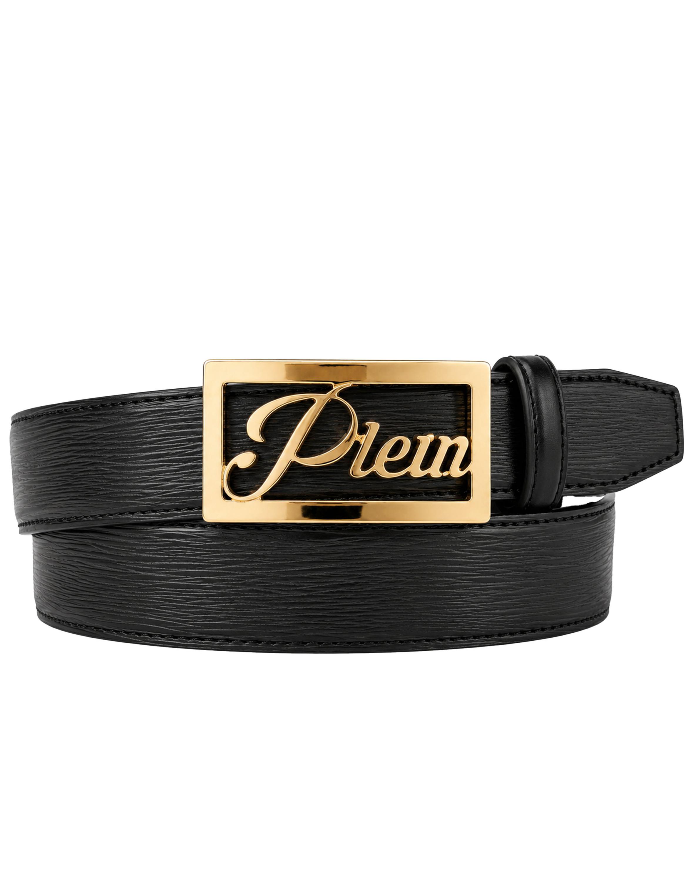 Philipp Plein Signature Log Ledergürtel mit Metalllogo - Schwarz/Gold