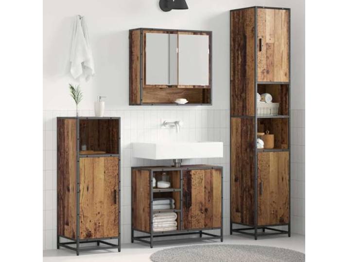 pokgdf Badezimmermöbel-Set 3 STK Altholz 35 x 37,5 x 188,5 cm Wandschrank Ingenieurholz, feuchtigkeitsbeständig, Wandmontage, Regale und Schränke, Stangengriffe