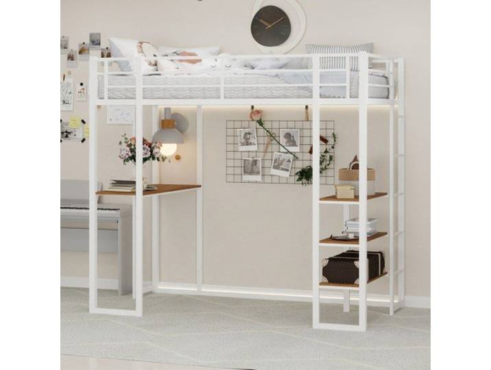 Lit métallique 90x190 cm – table intégrée rambarde et marches – rangement sous le lit – chambre enfantadolescent