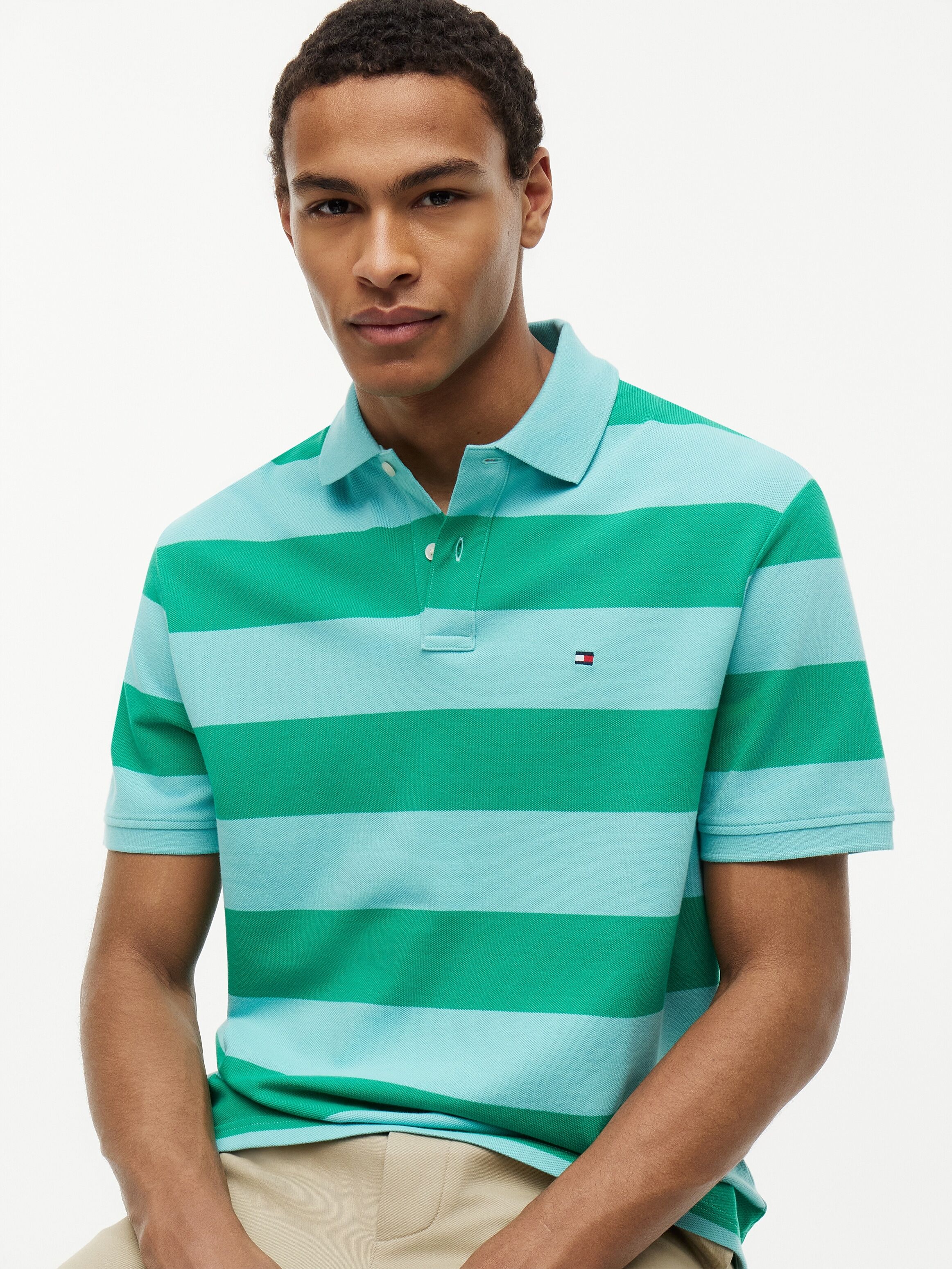 Poloshirt TOMMY HILFIGER "BLOCK STRIPE", Herren, Gr. XL, jade wink, arctic aqua, Piqué, Obermaterial: 96% Baumwolle, 4% Elasthan, regular fit normal, Shirts Poloshirt jade wink, arctic aqua XL