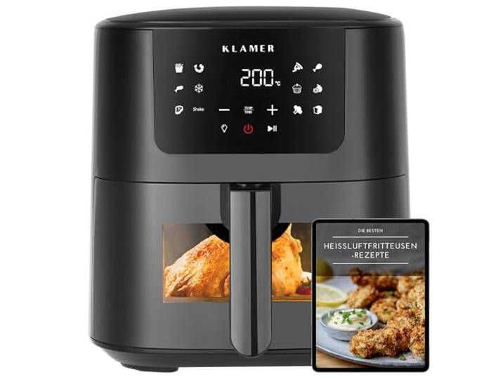 KLAMER Heißluftfritteuse 5 L XL mit Sichtfenster, für bis zu 5 Personen Airfryer mit 10 Programmen, Schüttel-Erinnerung und digitalem deutschen Rezeptbuch, bereitet Gerichte mit weniger Fett zu