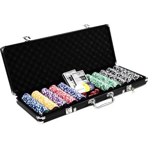 Nexos Pokerkoffer Black Edition, Laser-Chips mit Wertaufdruck, aus Aluminium mit 2 Kartendecks und Dealer-Button, 500 Chips