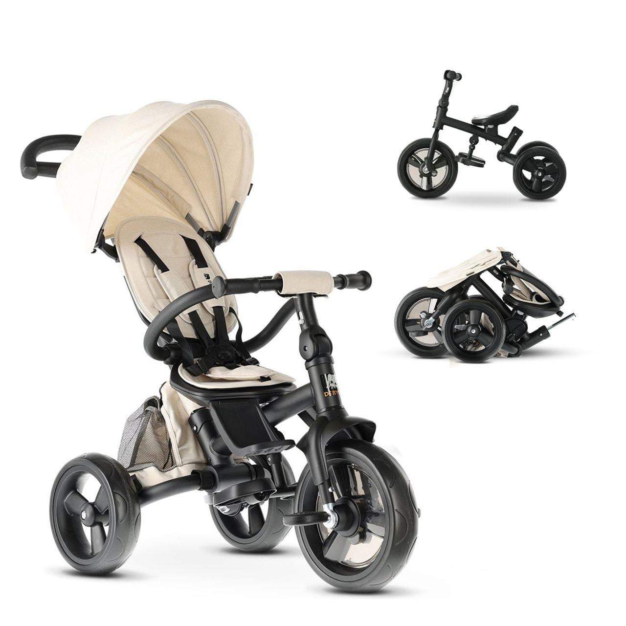 Deryan Explorer Driewieler met Duwstang en Mandje - Opvouwbaar - Nougat
