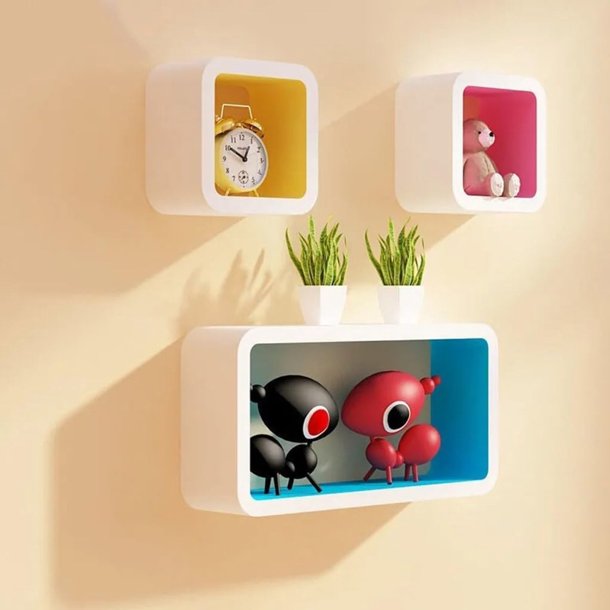 Set van 3 multicolor Kubus Drijvende Muurplanken voor decoratief opbergen