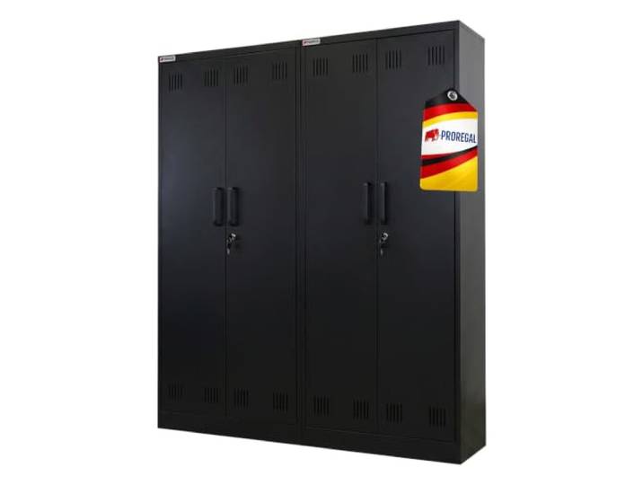 PROREGAL Mega Deal 2x Putzmittelschrank RHINO Metall 170x70x30cm Schwarz 2 Türen, abschließbar, 5 Fächer, Kleiderstange, Stahl, Schmal