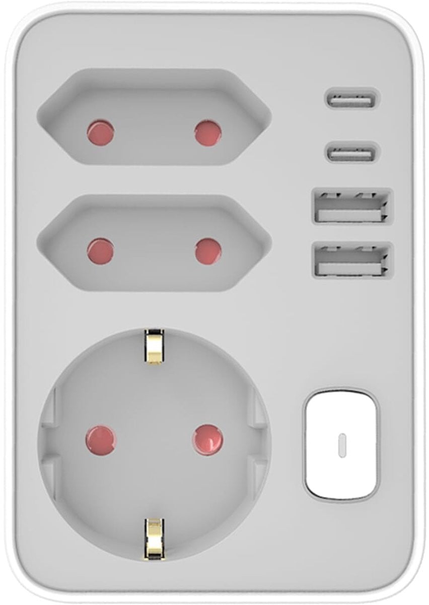 Technik 3-voudige verdeelstekker met 2x USB-C, 2x USB-A en schakelaar in het wit