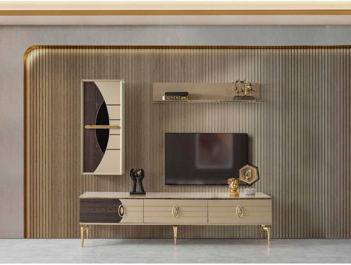 Villa Möbel TV-Wand Saros Gold, (Lowboard mit Hängeelementen), hergestellt in der Türkei, hochwertig verarbeitet.