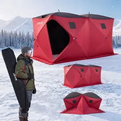 VEVOR Eisangelzelt Eisfischerzelt für 6-8 Personen 3,6x1,8x2m Eisschutzzelt, Angelzelt für Winterfischen, 6,27 m2 Fläche, 300D Oxford-Gewebe, Hub-Style-Zelt mit Ankern, Seile, Tragetasche, Rot/Schwarz