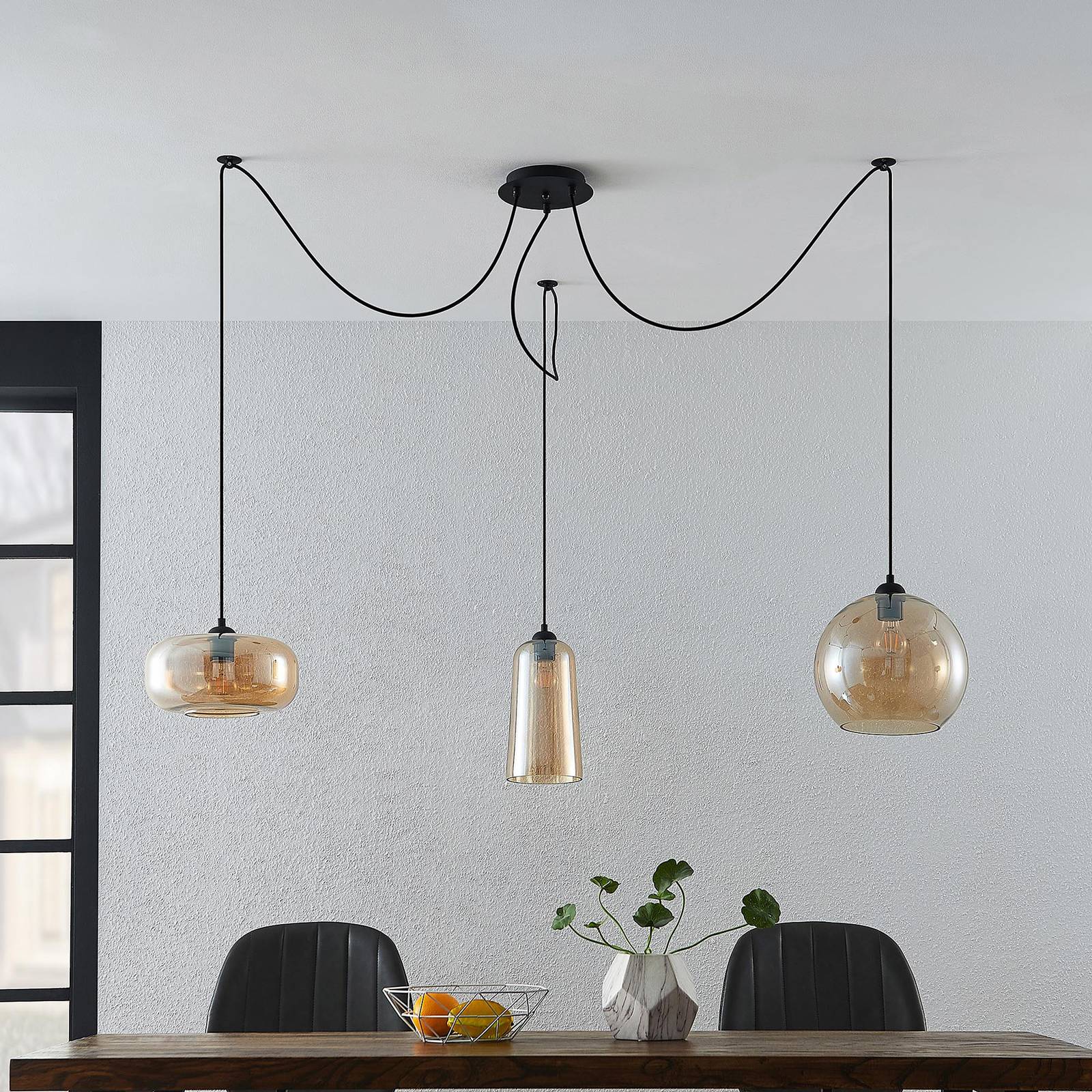 Glass Pendant Light Zyli Lucande, dimmable, Cream / amber, Living / Dining Room, Glass, Vintage, Ceiling Light