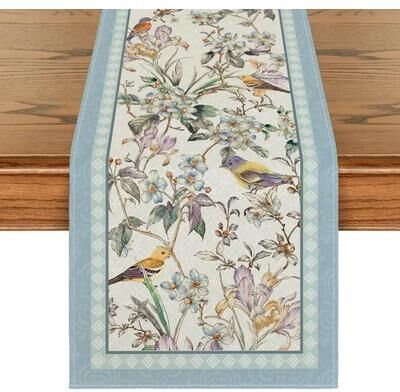 Inspired Living Blue Bird Blossom Floral Table Runner For Dining Tables And Weddings 180x33cm 70.8x13inch