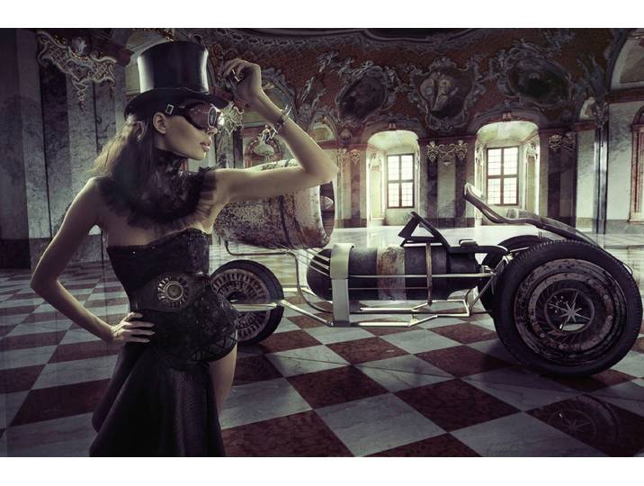 Fototapete PAPERMOON STEAMPUNK-FRAU SEXY FANTASIE SURREAL KUNST RETRO AUTO , bunt, B:1,5m L:1,11m, Vlies, Tapeten, Fototapete