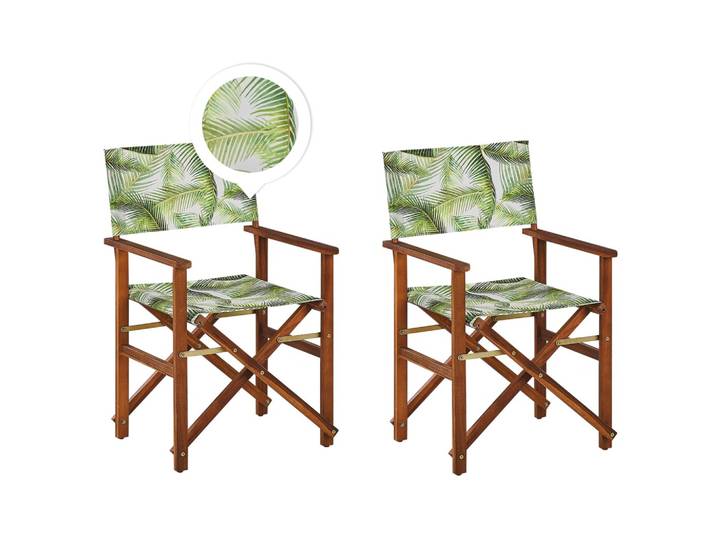 GARTENSTUHL 2er-Set Akazienholz dunkelbraun Auflagen grau/hellgrün Palmenmotiv Cine