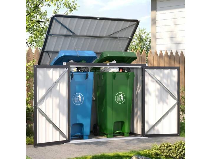 YODOLLA Coffre de Rangement Extérieur - Double Portes Verrouillables - Armoire de Jardin en Métal Range Poubelles ou Vélo - Gris