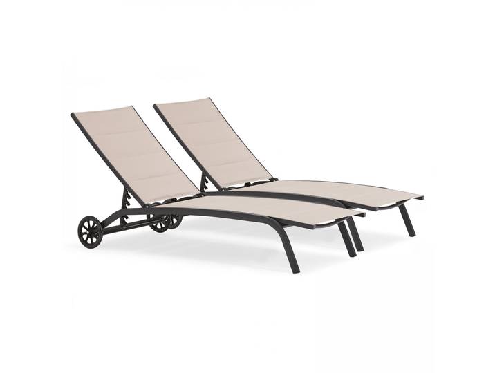 Oviala - Bains de soleil aluminium et textilène inclinables 4 positions avec roues - Lot de 2