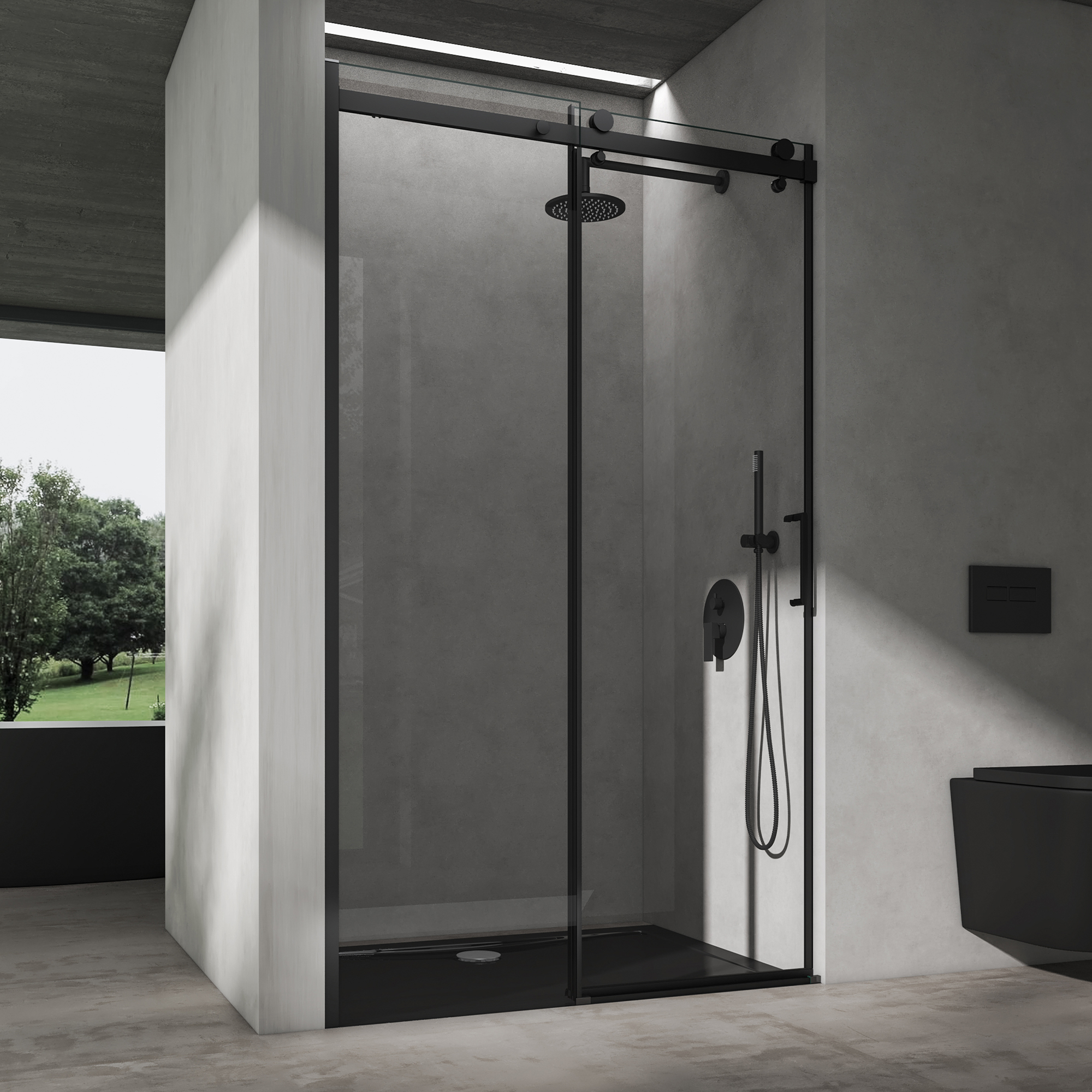 doporro Nischentür Duschabtrennung 130x195cm Duschtür mit Schiebetür 8mm ESG-Sicherheitsglas Klarglas Duschwand Soft-Close inkl.NANO Teramo19K schwarz
