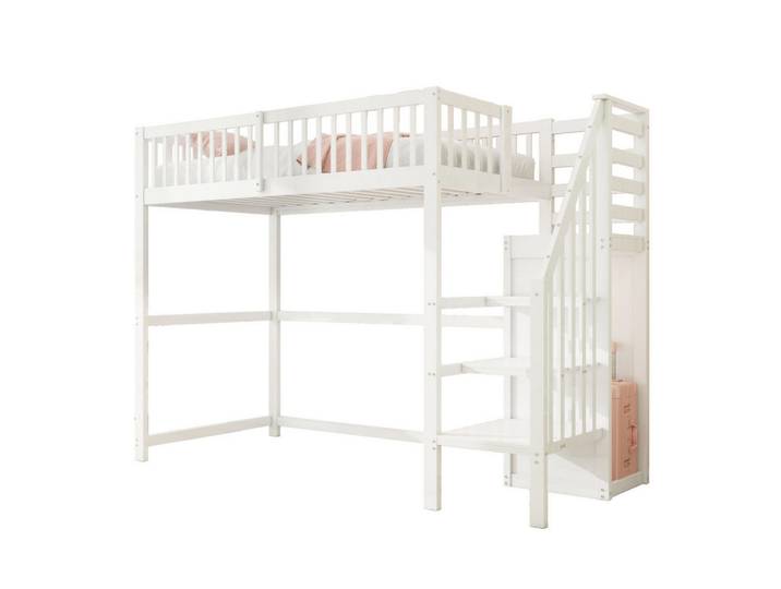 Modfu Hochbett aus Holz 90x200 cm in Weiß mit Treppe & Kleiderschrank, 90x200 cm, Babymöbel & Kindermöbel, Kinderzimmer & Jugendzimmer, Kinderbetten, Hochbetten