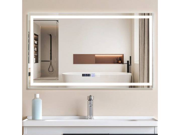 Homefire Miroir lumineux salle de bain - 100x60 cm LED IP44 interrupteur tactile horloge désembuage réglable