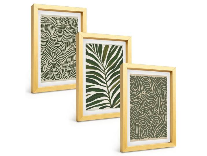 BILDER SET 3er Set - 20x30 cm Goldrahmen - Blattmuster wellenförmige Formen