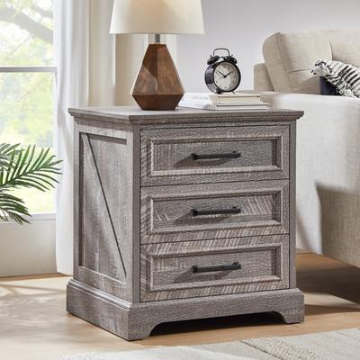 ACCOHOHO Farmhouse 3-Drawer Nightstand, Wide End Table with Charging Station