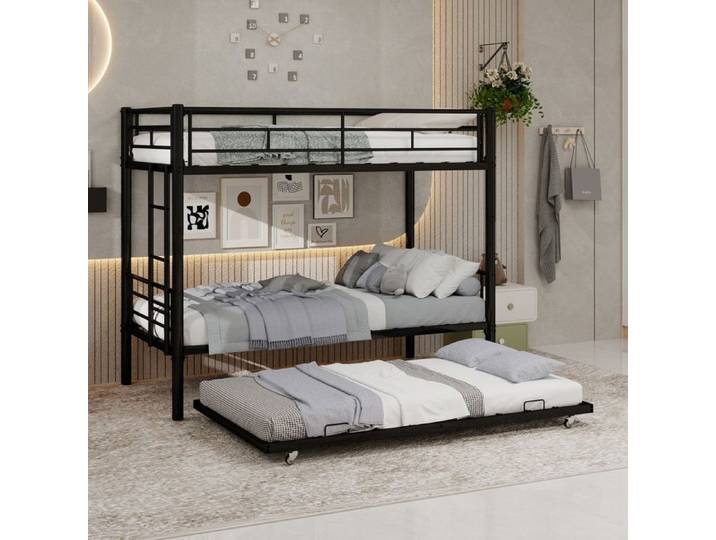 Lit Superposé 3 Places90x190cm en Métal Noir - Lit Superposé - Avec Lit Gigogne Échelle Robuste Gain de Place Idéal Pour Enfants.