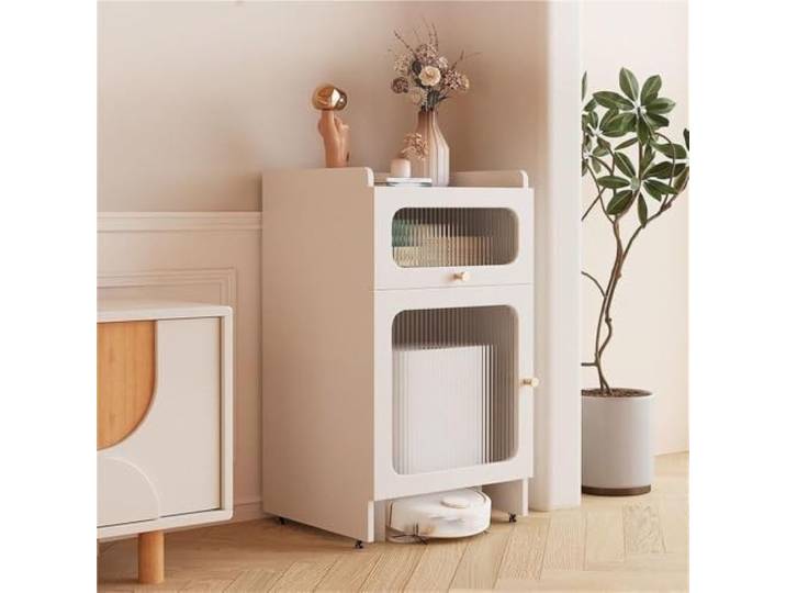 LigedamaiEU Holz-Lagerregal mit Rädern, moderner Roboter-Vakuumschrank, 3-stöckig, mit Türen, Schubladen, bewegliche Küche for Zuhause, leicht(White)
