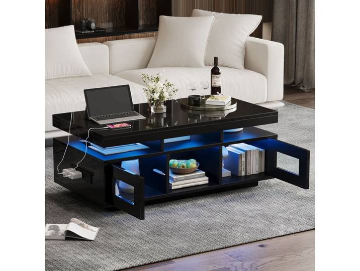 Table basse noire brillante avec LED prise EU USB et rangements