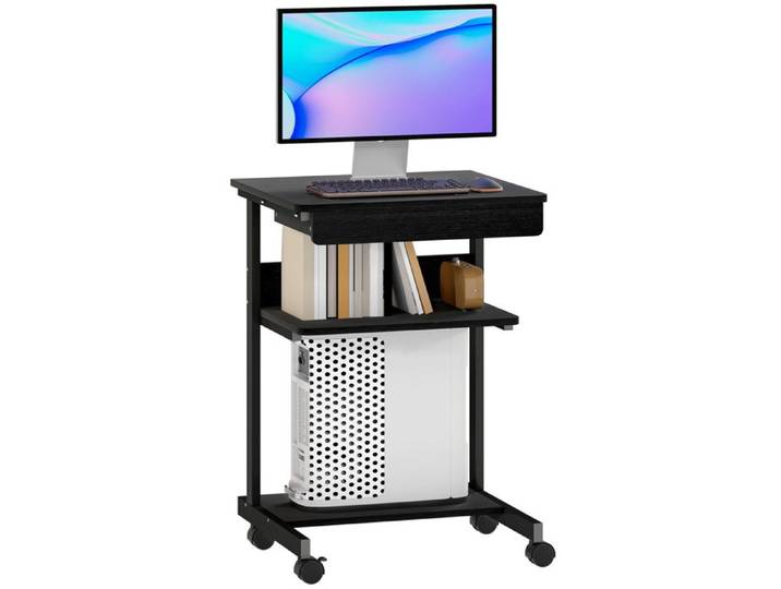 Bureau Informatique Mobile avec Tablette Clavier Coulissante 2 Étagères Métal et Bois Noir 56x51x79 cm